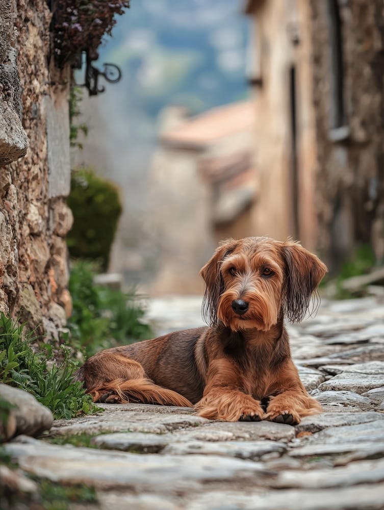 Dachshund Dog In A Village. Generated AI.