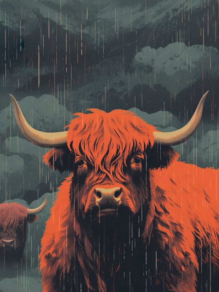 Orange & Black Highland Cow In The Rain