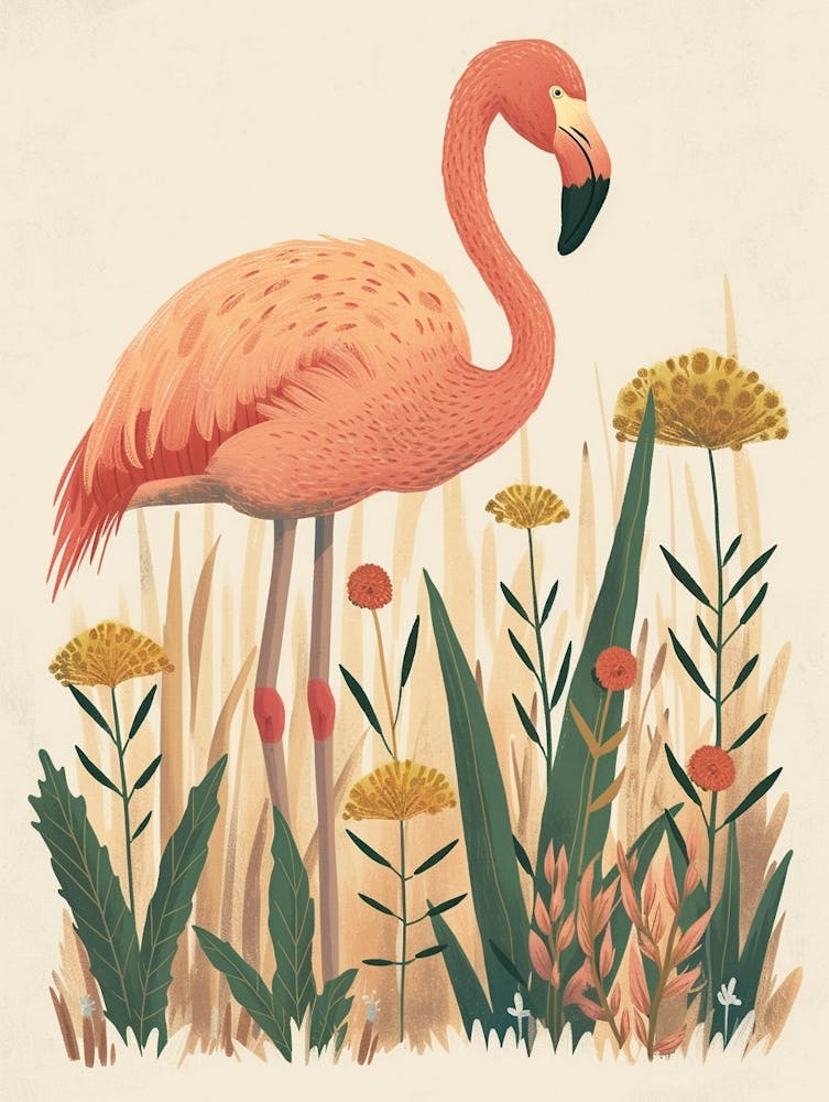 Flamant des Andes Et Plantes de Gingembre Illustration Minimaliste 1