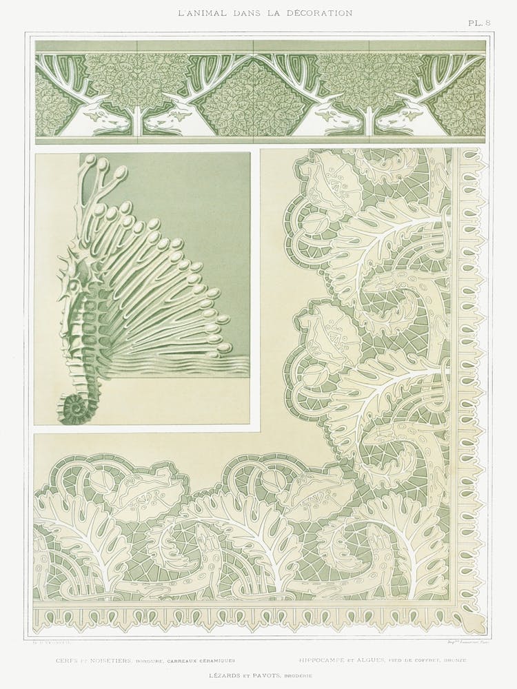 Deer And Hazelnut Trees, Seahorse And Seaweed, And Poppies From The Animal In The Decoration (1897), Maurice Pillard Verneuil