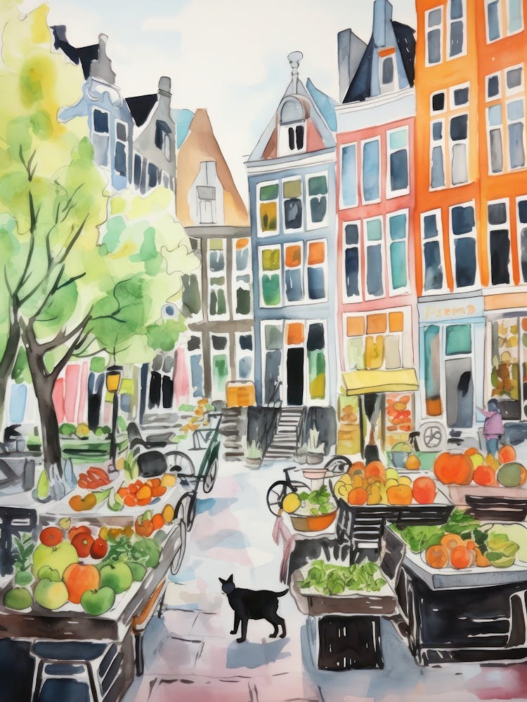 Food Market With Cats In Amsterdam 1 Watercolour