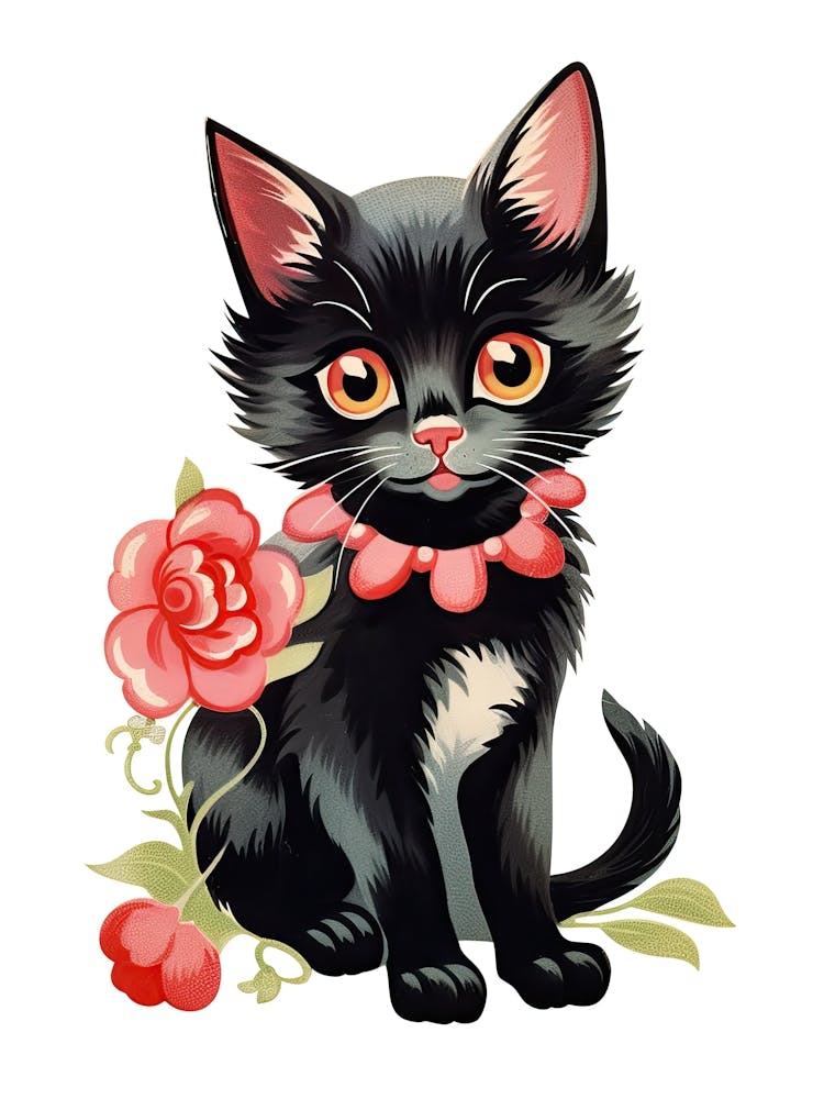 Vintage Black Cat Flowers Kitsch
