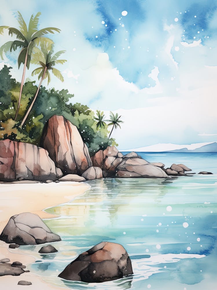Watercolour Of Anse Source D Argent   La Digue Seychelles 2