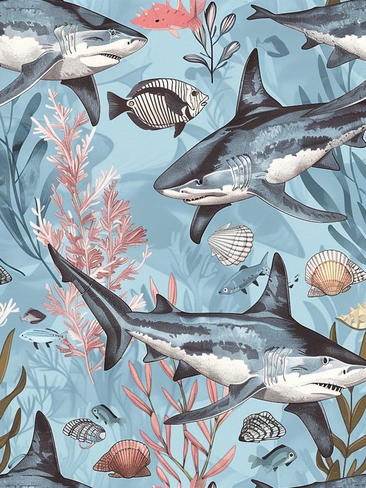 Pastel Blue White Tip Reef Shark Watercolour Seascape Pattern 1