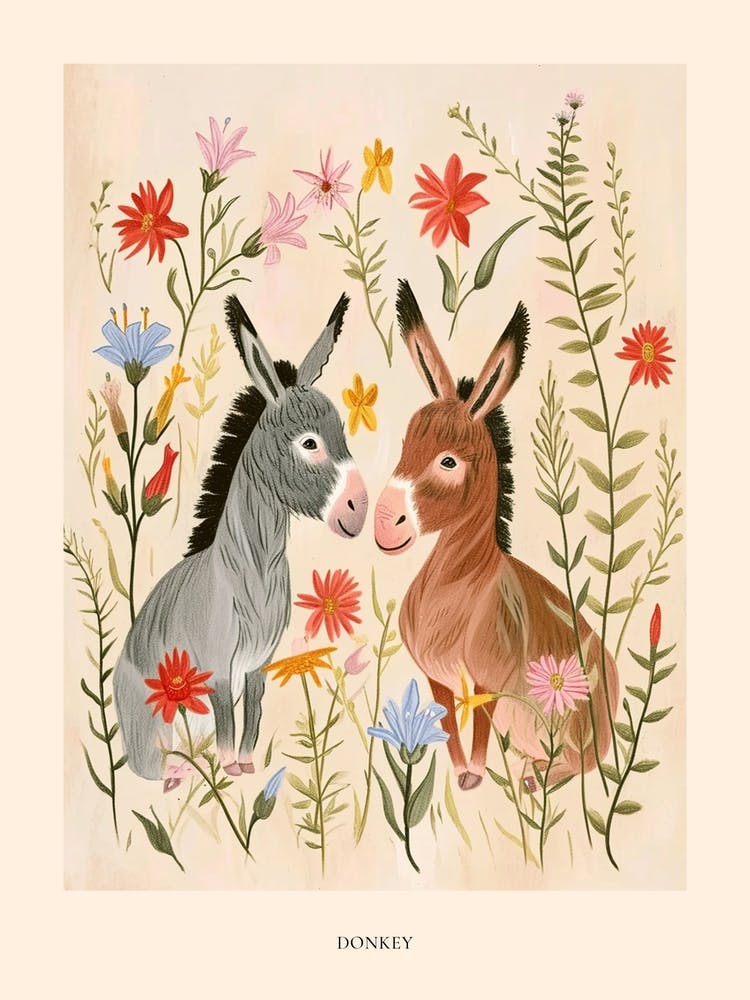 Folksy Floral Animal Drawing Donkey 4 Poster