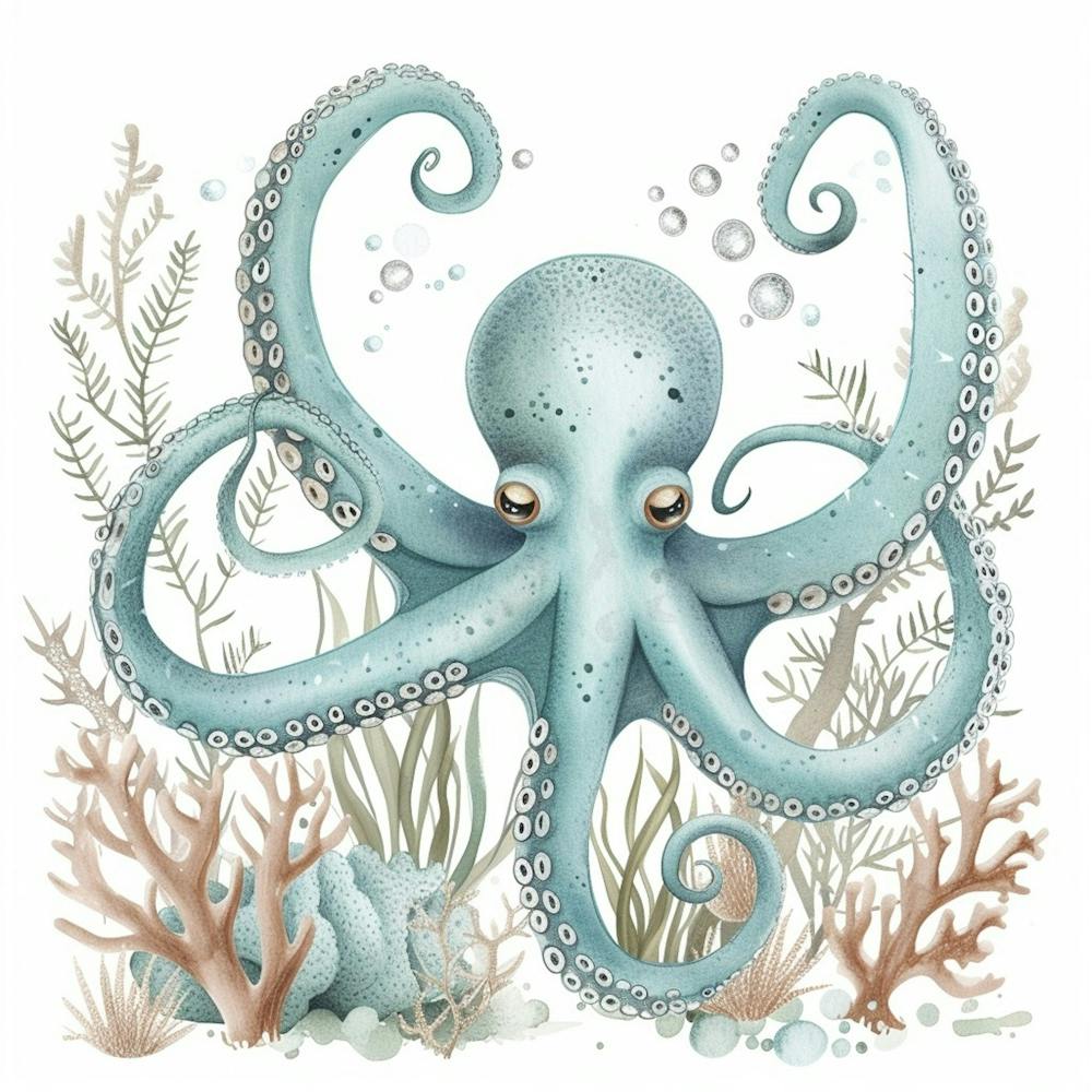 Cute Storybook Style Octopus Blue & White  1