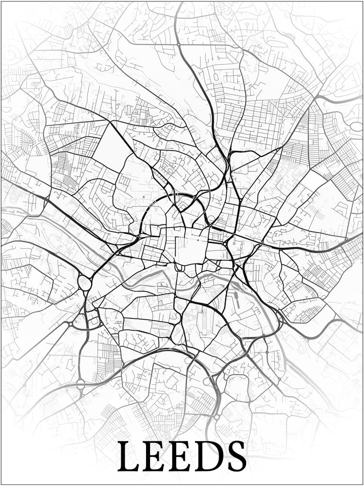 Leeds, England, Uk, City Map, Black And White Fade Design