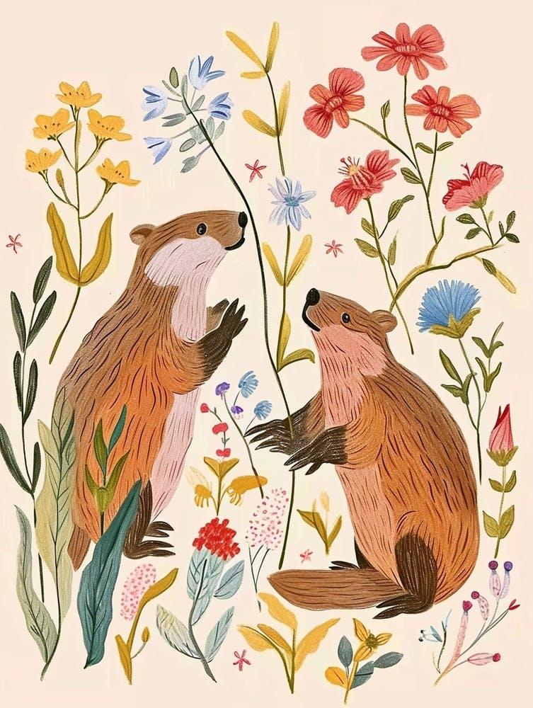Folksy Floral Animal Drawing Beaver