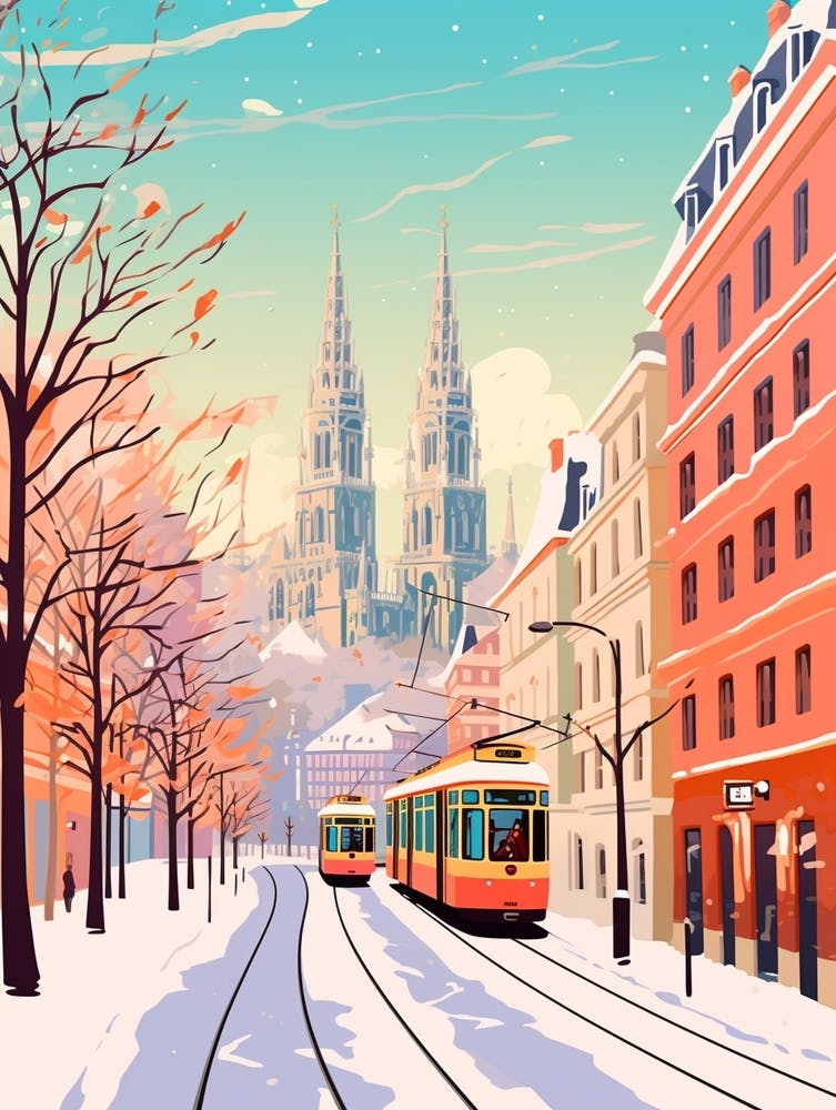 Vintage Winter Travel Illustration Vienna Austria 2