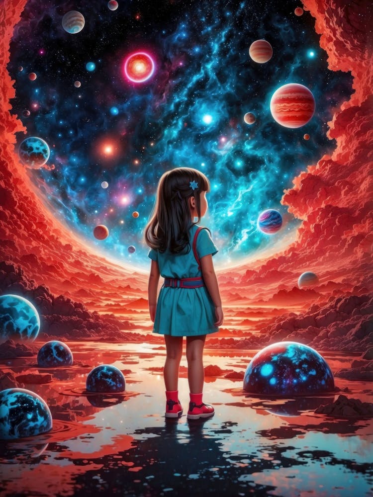 In a children's universe, a little girl dreams of vibrant planets, stars, and nebulas — a cute cosmic adventure in a colorful galaxy sky.