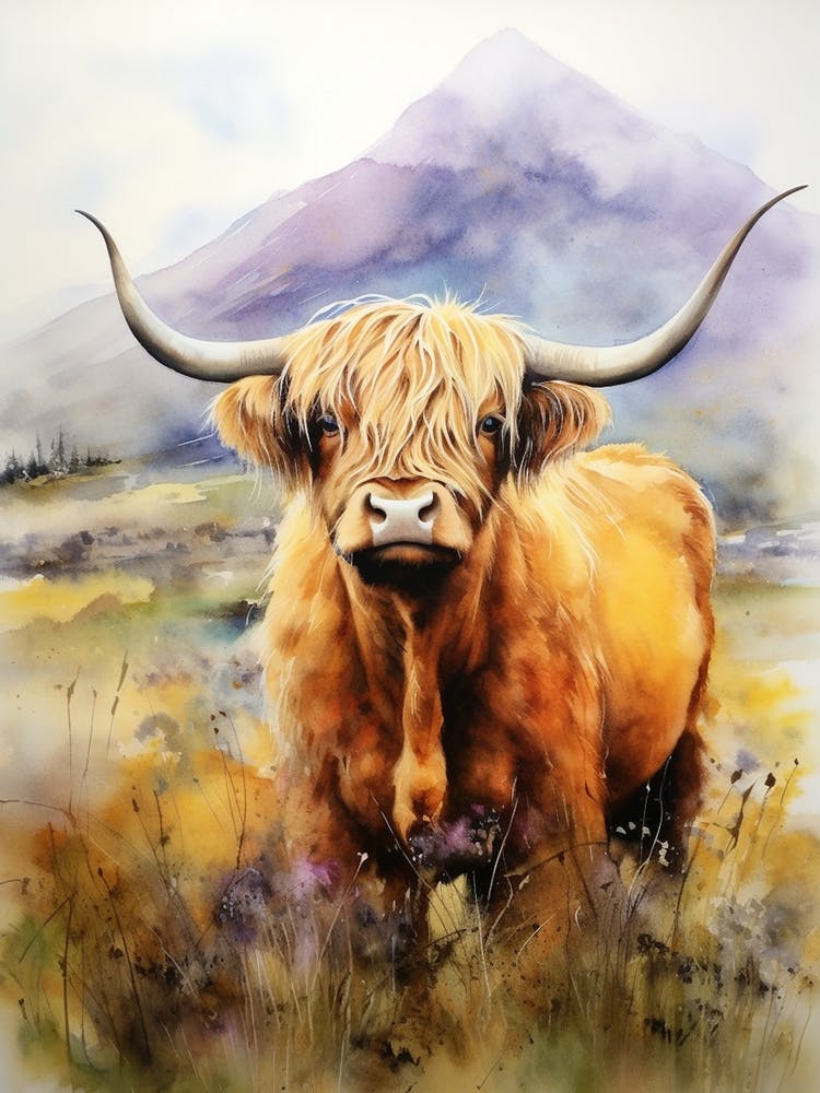 Curious Highland Cow In Field With Rolling Hills Watercolour 2
