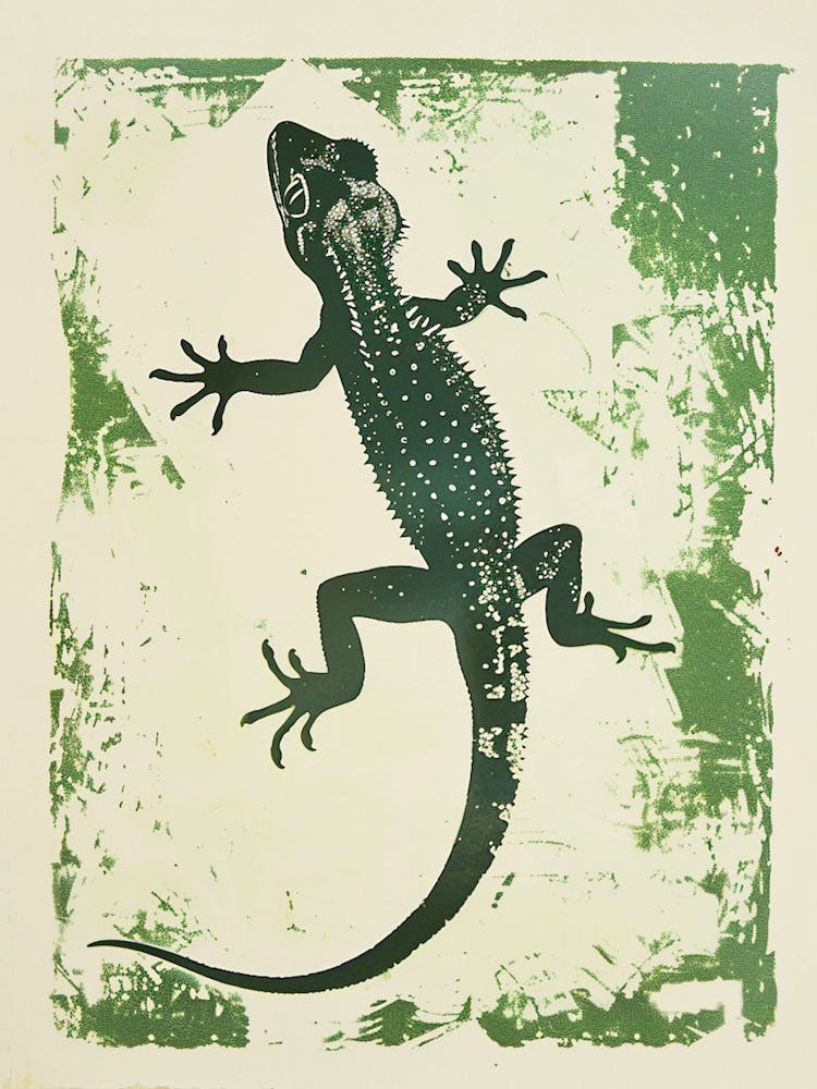 Green Crested Gecko Blockprint 4