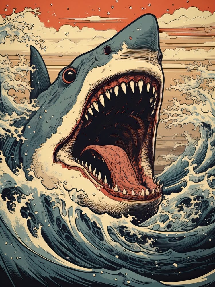 Shark Animal Drawing In The Style Of Ukiyo E 1