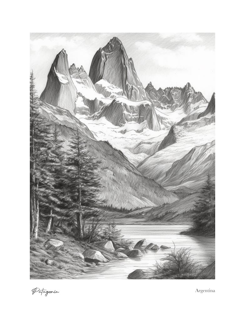 Patagonie Argentine - Croquis au Crayon 6 - Affiche de Voyage à l'Aquarelle