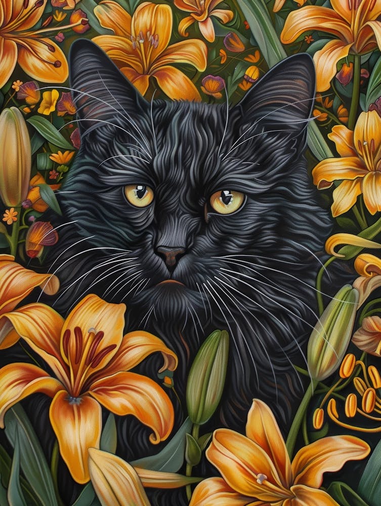 Black Cat With Lilies 2