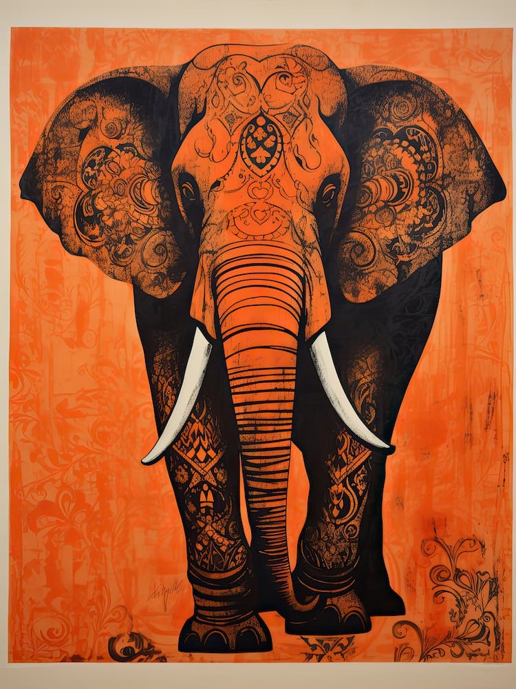 Elephant, Woodblock Animal  Drawing 4