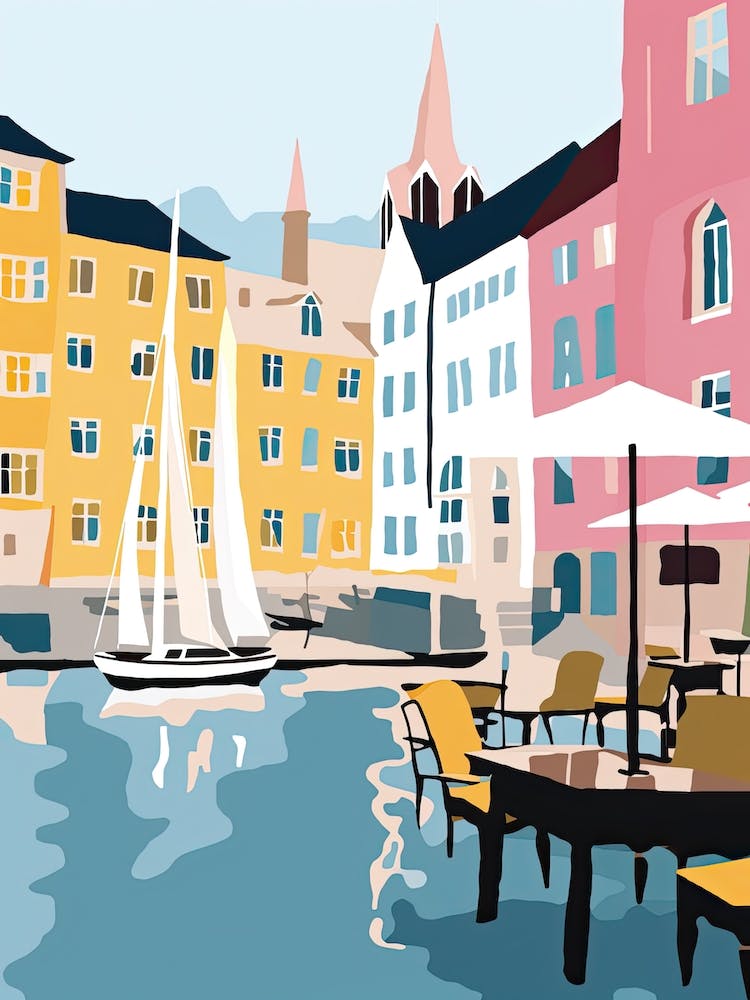 Trondheim, Norvège, Illustration Tonalités Pastels Plats 3