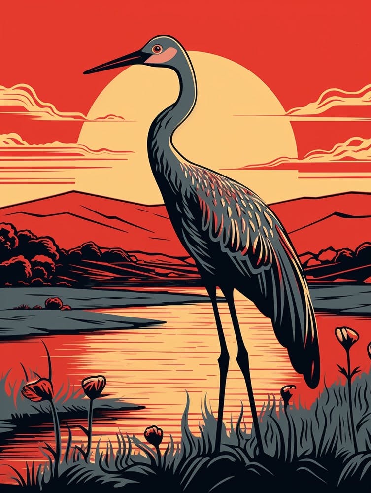 Vintage Bird Linocut Crane 1