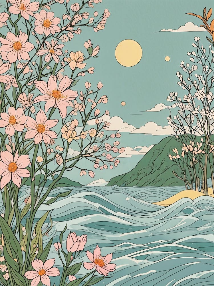 Pink Blossoms And The Sea