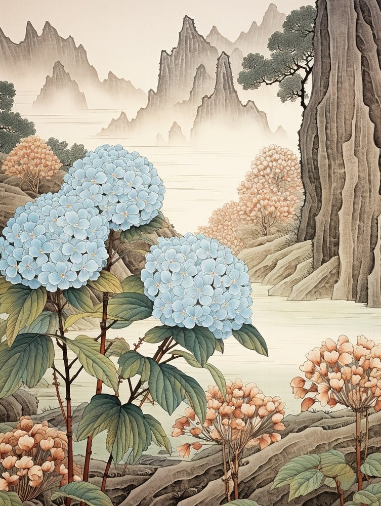 Ajisai Hydrangea 1 Japanese Botanical Illustration