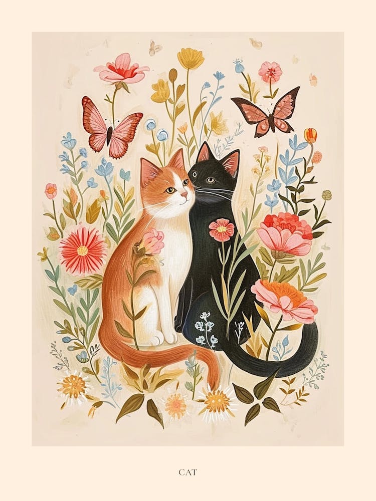 Folksy Floral Animal Drawing Cat 7 Poster