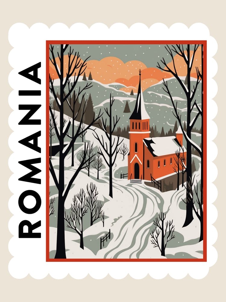 Retro Winter Stamp Poster Transylvania Romania 1