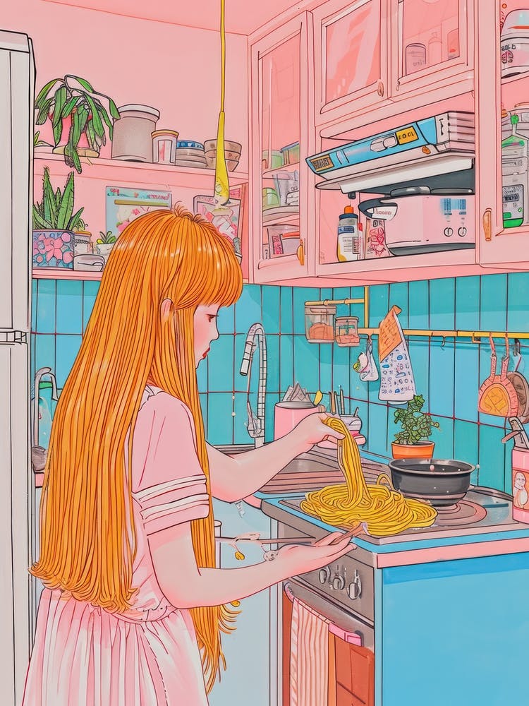 Girl Cooking Pasta Lo Fi Kawaii Illustration 1