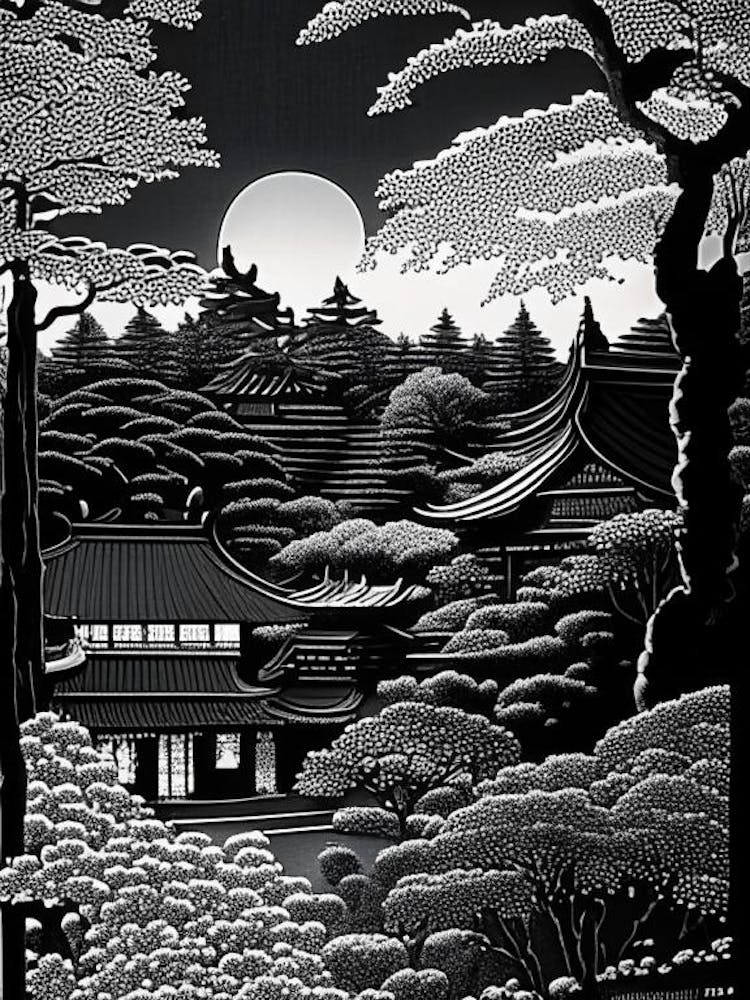 Ryoan Ji, Japan Linocut Black And White Vintage