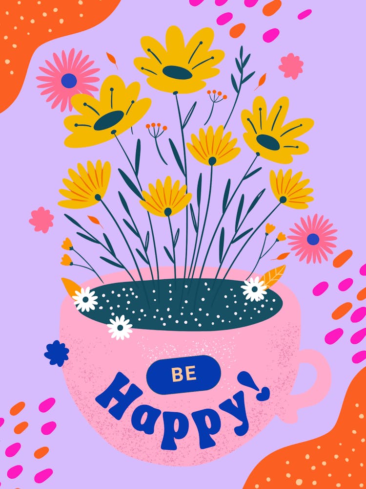 Be Happy Poster – Positive Quote Colorful Flower Wall Art