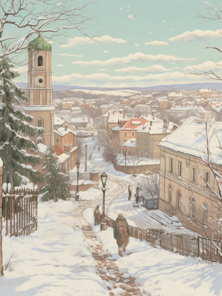 Vintage Winter Illustration Vilnius Lithuania 1