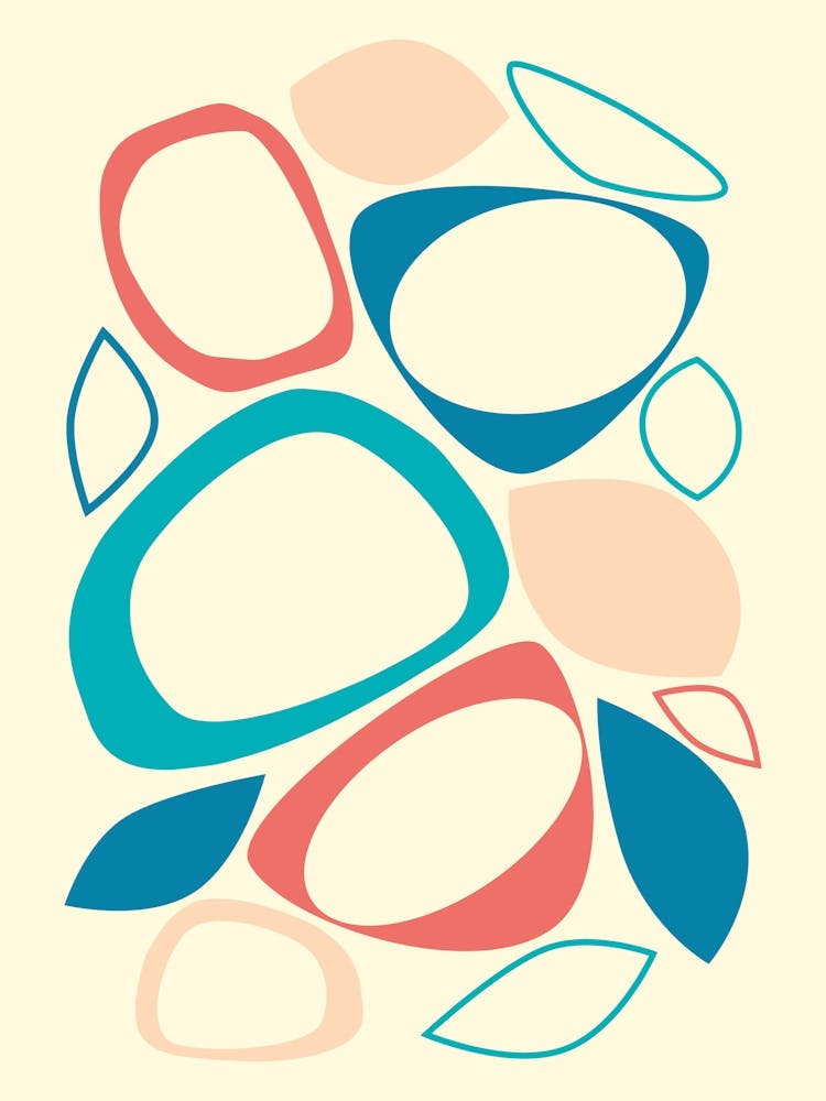 Mid Century Modern Abstract 8 Celadon Blue, Yellow, Peach, Teal, Coral