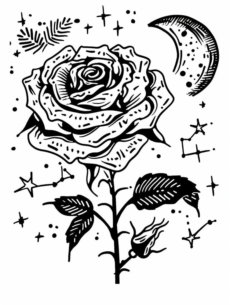 Roses And The Moon Line Drawing 3