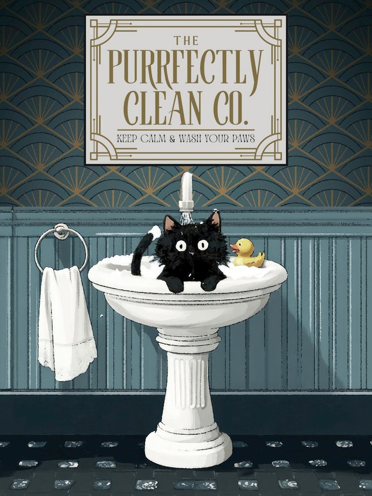 Art Deco Black Cat Bathroom Print with Funny Quote Wall Art for Bathroom or Laundry Room, Funny Cat in Sink Illustration Retro Bath Wall Art Vintage-Inspired Bathroom Decor