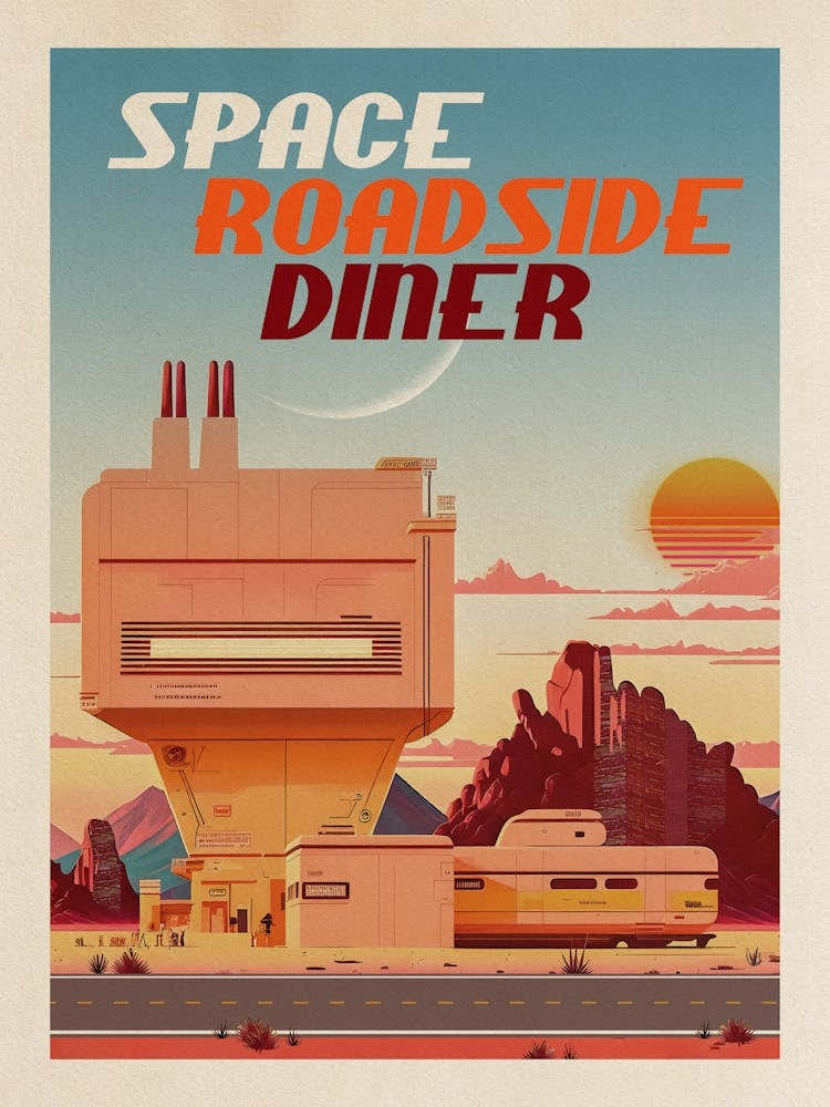 Space Roadside Diner — Vintage retro space poster, retrofuturism poster, retro space, propaganda poster