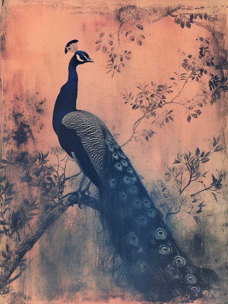 Pink & Blye Peacock In A Tree Cyanotype Inspired 2