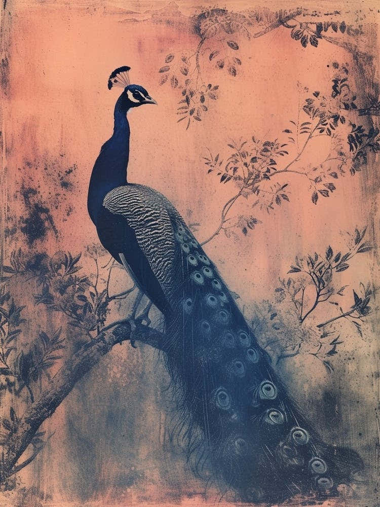 Pink & Blye Peacock In A Tree Cyanotype Inspired 2