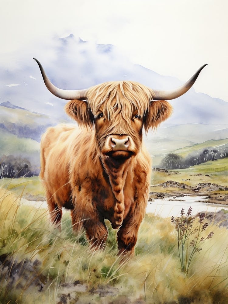 Highland Cow In Field With Stream In The Distance