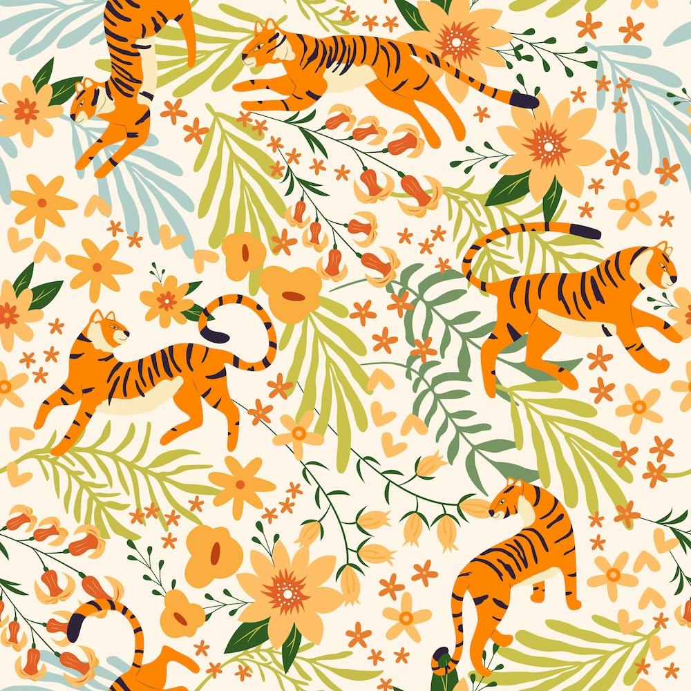 Floral Tiger Pattern With Colorful Flower Decoration Square