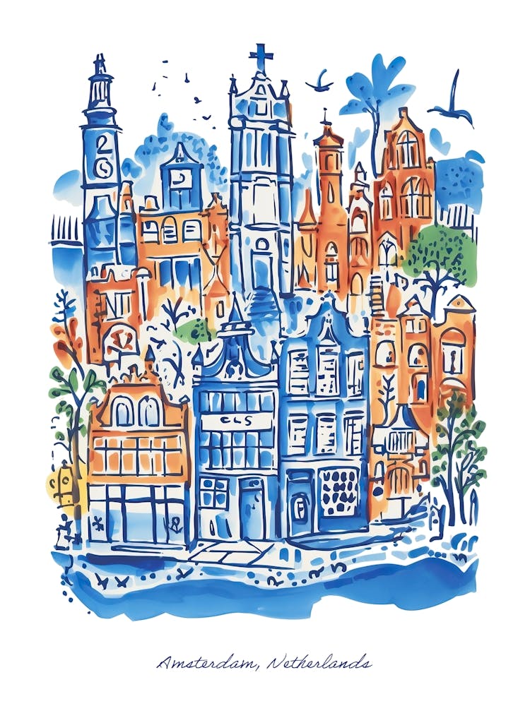 Amsterdam Illustration Line Art Netherlands Travel Blue