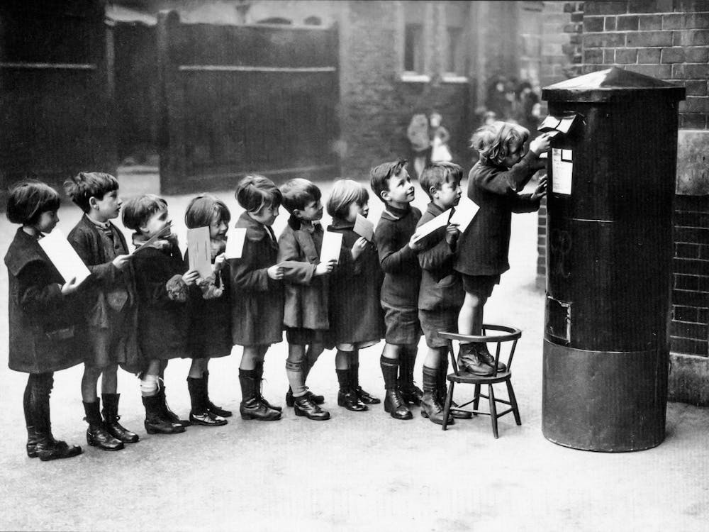Children Mailing Letters To Santa, Black and White Old Photo, Vintage Christmas Decor
