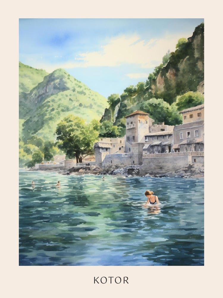 Swimming In Kotor Montenegro Watercolour Poster