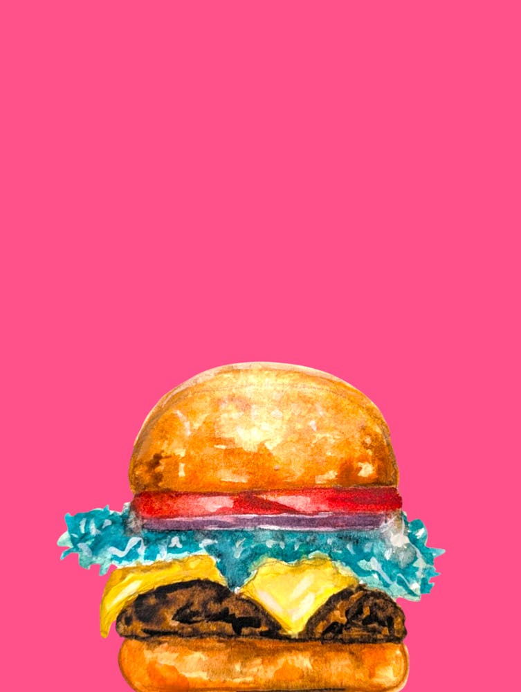 Beef Cheese Burger Watercolour Illustration Pink Kitchen Food