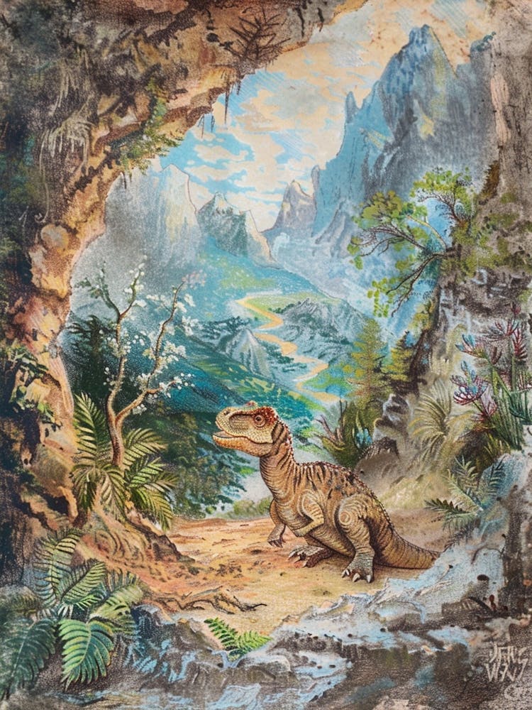 Dinosaur In A Cave Storybook Illustration 3