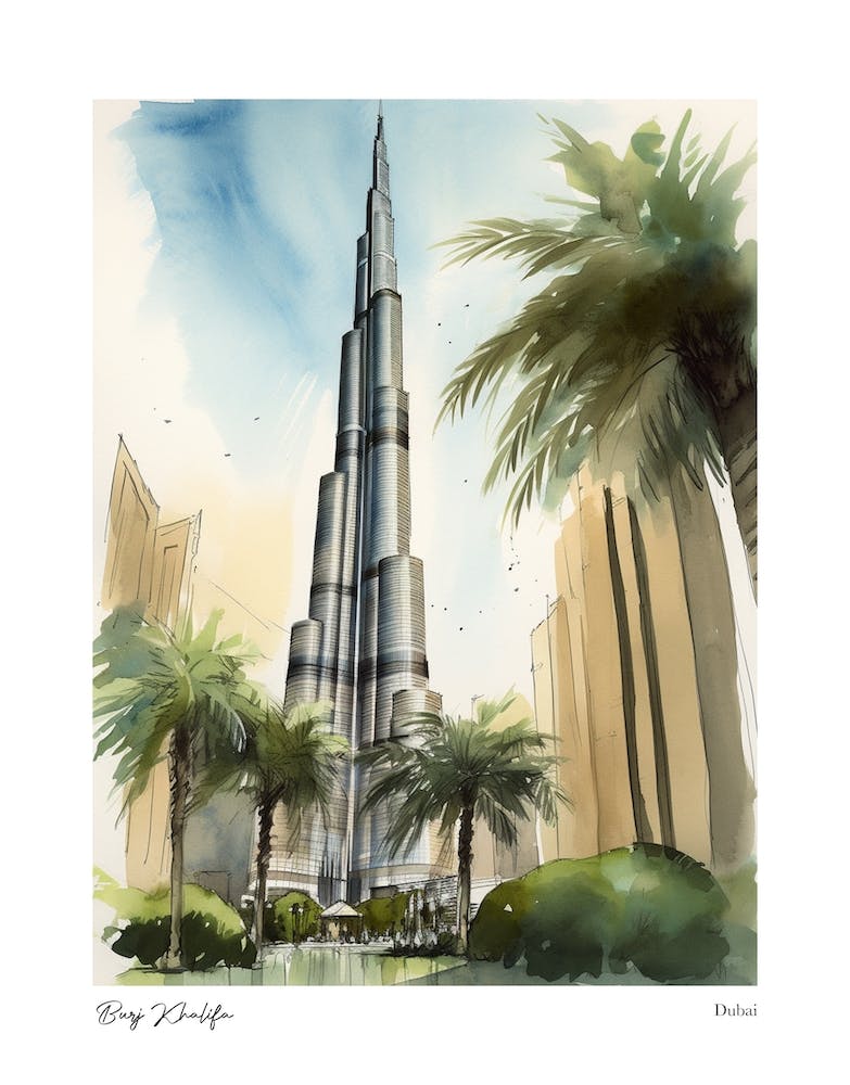 Burj Khalifa Dubai 3 Watercolour Travel Poster
