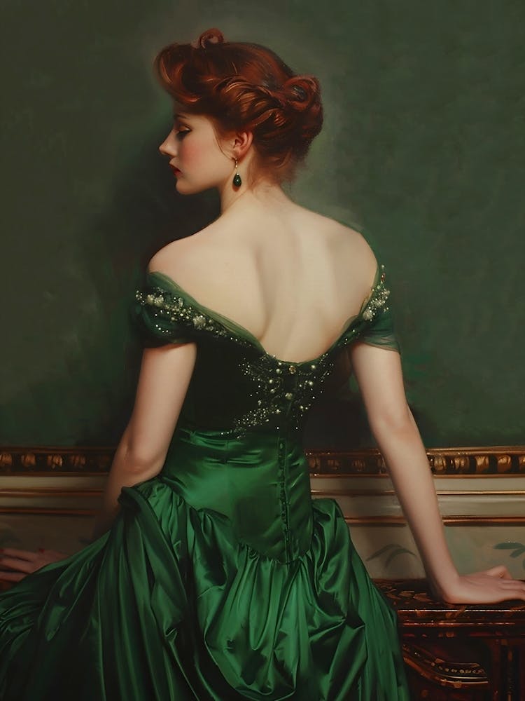 Women in Emerald Green Dress, Vintage Style