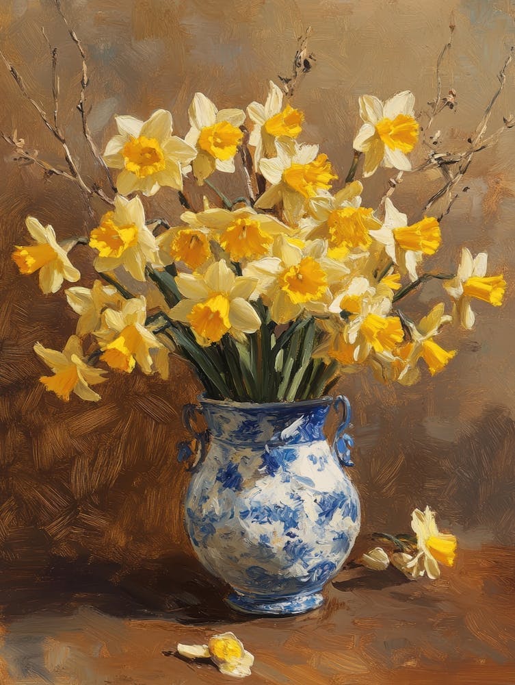 Daffodils In A Blue And White Vase
