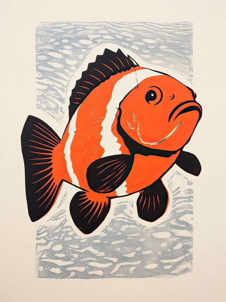 Clownfish, Woodblock Animal Drawing 1