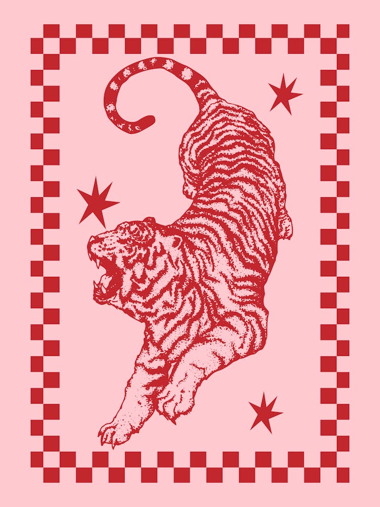 Retro Tiger in Red and Pink