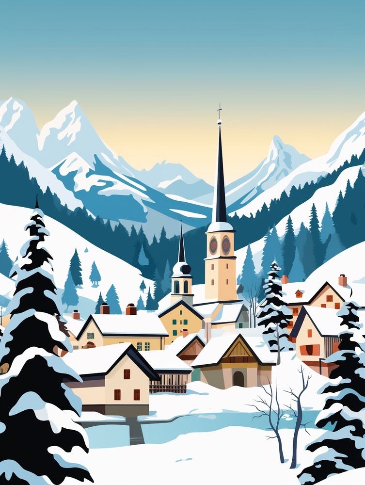 Retro Winter Illustration Hallstatt Austria 1