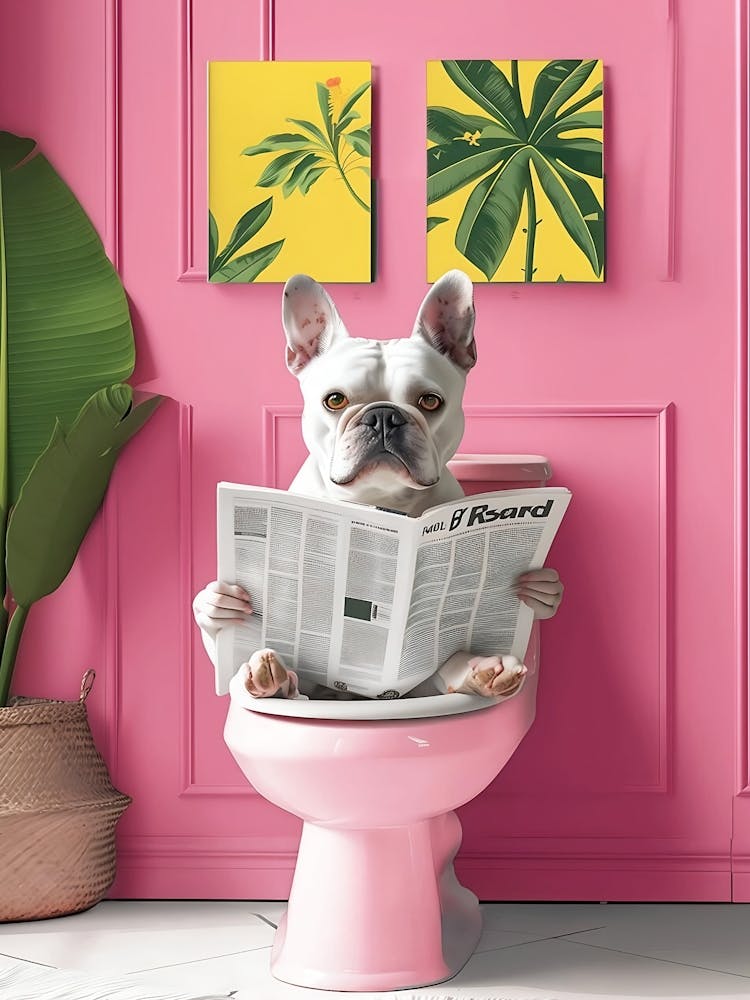 Impression Bouledogue Français Blanc Lisant sur les Toilettes, Impression Chien Amusante Art Mural Toilettes Décoration Murale Salle de Bain Chien sur les Toilettes Décoration de Salle de Bain Amusante